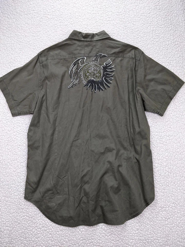 Guess Men XL Olive Green Biker Tattoo Embroider Distress Button Shirt - Image 3 of 4