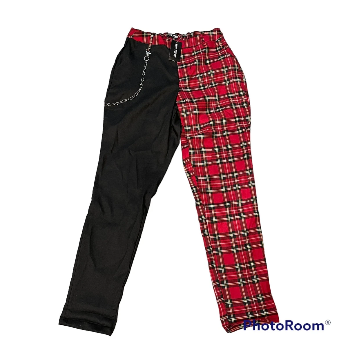 Black Red Plaid Split Leg Punk Goth Pants With Chain Hot Topic Womens S NWT