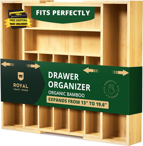 Luxury Bamboo Kitchen Drawer Organizer - Silverware Organizer - Utensil Holder a