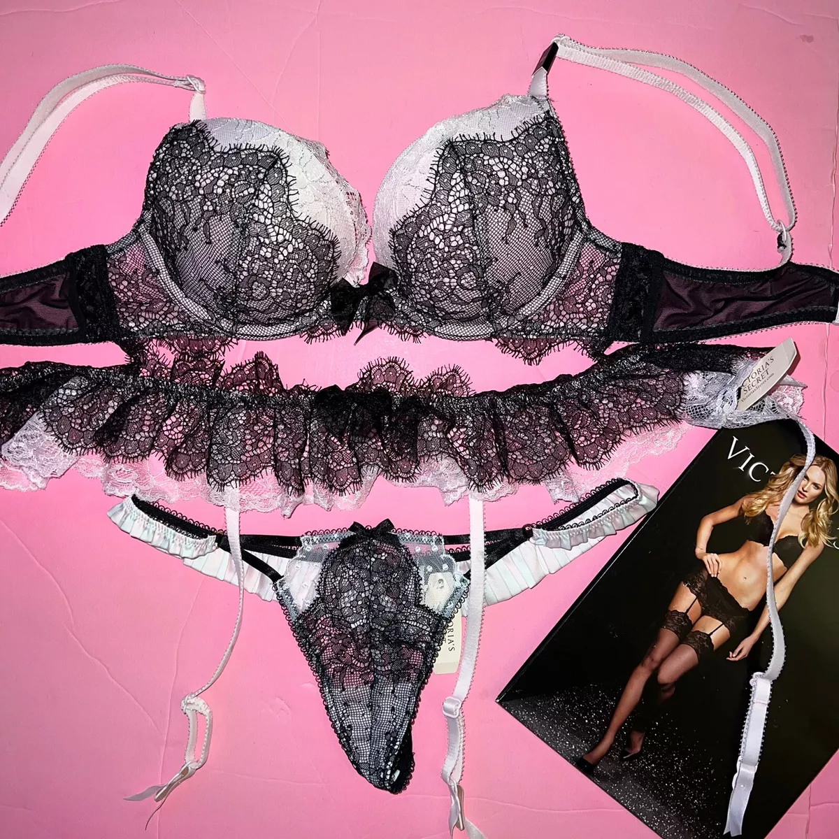 NWT Victoria's Secret 34A BRA SET+garter Belt+XS THONG Pink Black Chantilly  LACE