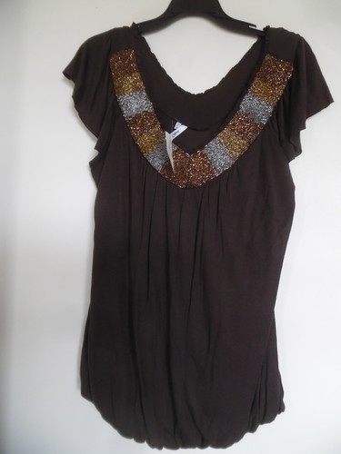 Studio Y Pailletten braun V-Ausschnitt elastische Taille Top Damen Größe Medium