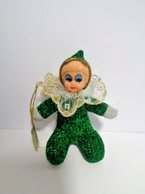 VTG Pixie Doll Christmas Tree Ornament GREEN W/ Lace Blue Blinking Eyes W/tag