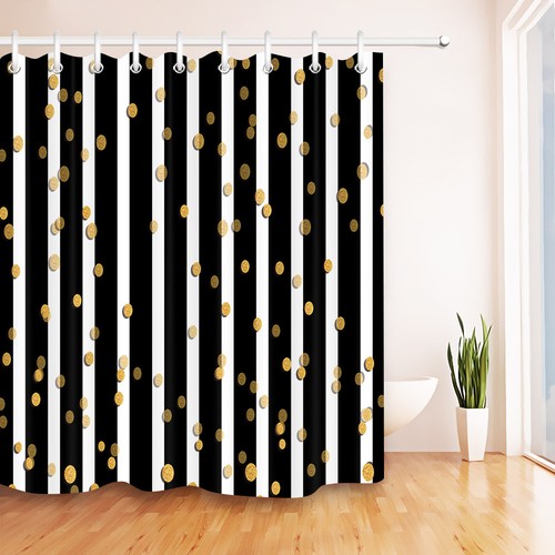 Black And White Stripes Gold Dot Design Waterproof Fabric Shower Curtain 72x72 Black And White Stripes Gold Dot Design, White Curtains Gold Dots