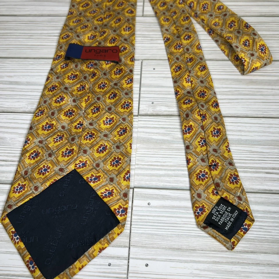 Corbata UNGARO PARIS 100% Seda Hecha en Italia Diseñador Amarillo Rojo Azul Taupe Foto 4 de 4
