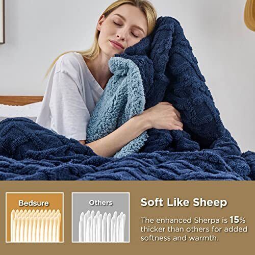 Sherpa Queen Size Blanket for Bed - Fuzzy Soft Queen (90" x 90") 05 - Navy - Picture 6 of 6