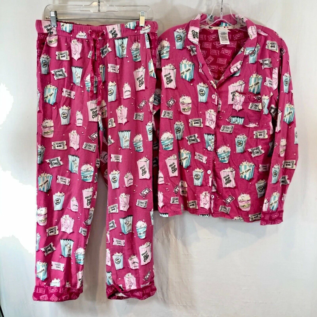 MUNKI MUNKI Flannel Pajama Set Sz S Movie Theme Pink Rayon Cotton