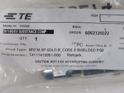 NEW) TE T4111412051-000 Wire-to-Wire 5 Position M12 Circular