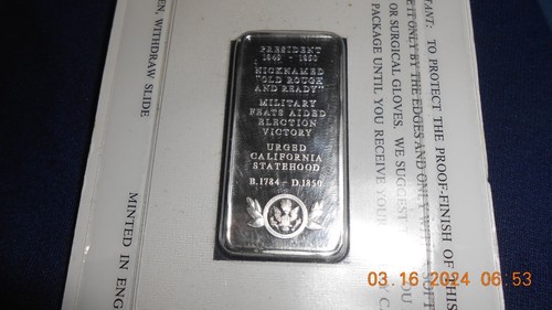 The Danbury Mint 1975 1oz. Proof Ingot Silver US President Zachary Taylor Sealed - Picture 3 of 4