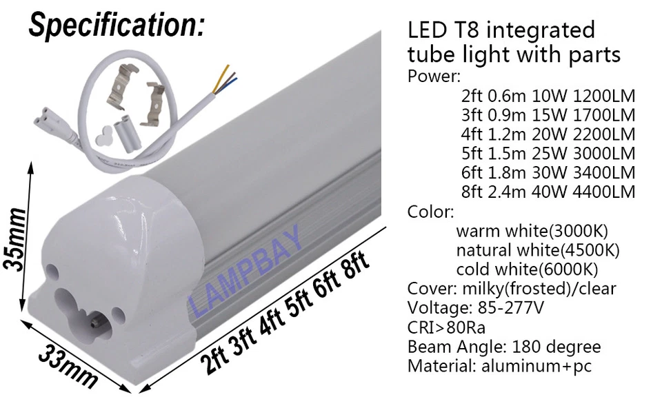 LED Tube Light 2ft 3ft 4ft 5ft 6ft 8ft T8 Integrated Bulb Fixture Linear Lamp - Image 2 of 4