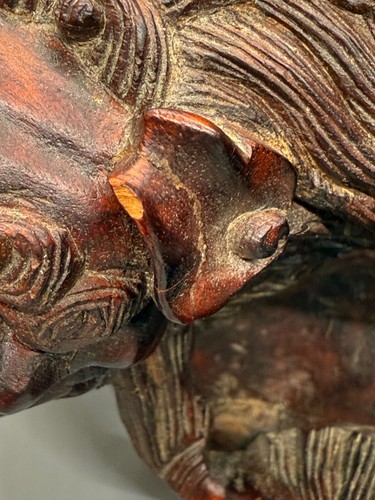VINTAGE CHINESE FOO DOGS Wooden Wood LION HAND CARVED Sculpture Signed - Picture 14 of 24