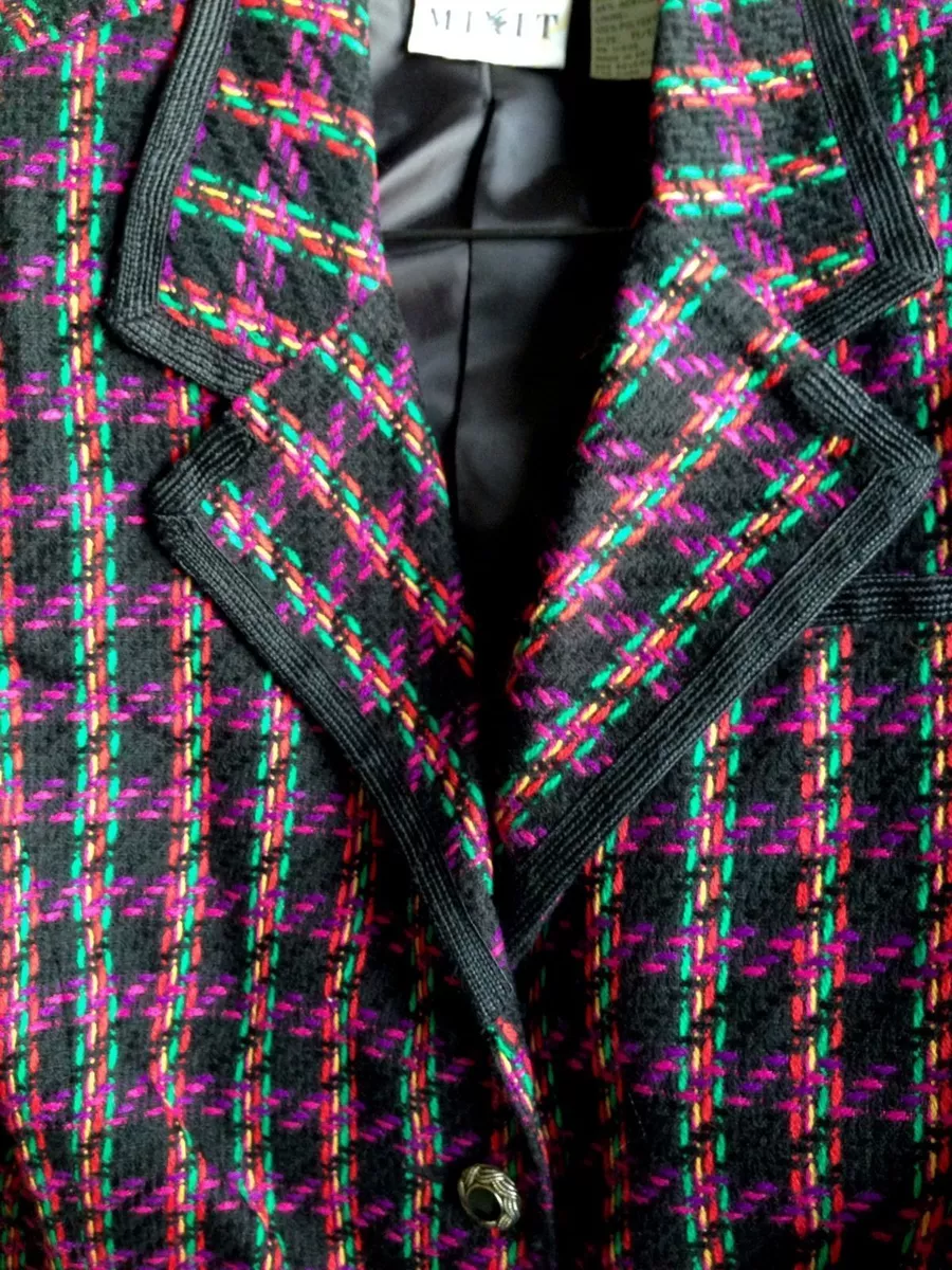 Mixit Ladies Jacket Blazer Size 11 12 Multicolor Tweed Black Plaid Lined Loud