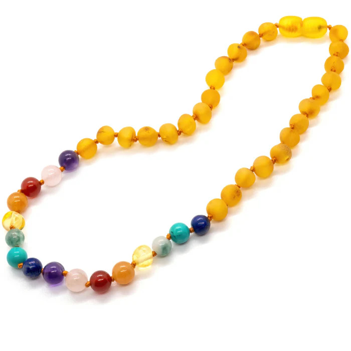 Baltic Amber Necklace with Rainbow Rose Quartz and Amethyst Beads