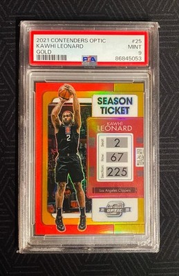 2021 Contenders Optic Kawhi Leonard Gold Prizm Jersey # 02/10 PSA 9 1/1