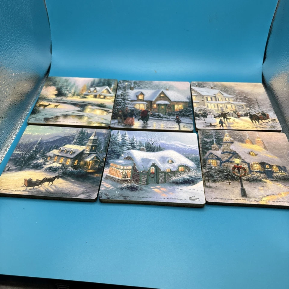 Juego de 6 escenas de invierno Thomas Kinkade vintage posavasos Foto 3 de 4