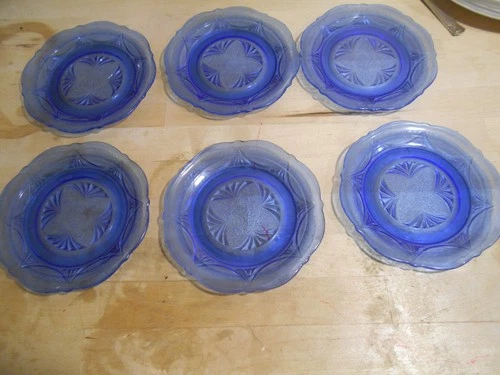 6 Hazel Atlas Blue ROYAL  LACE Pattern Depression Glass Sherbet/Bread plates 6"