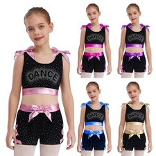 Kids Girls Set Gymnastics Outfit Jazz Suit Costumes Metallic Bowknots Exercise