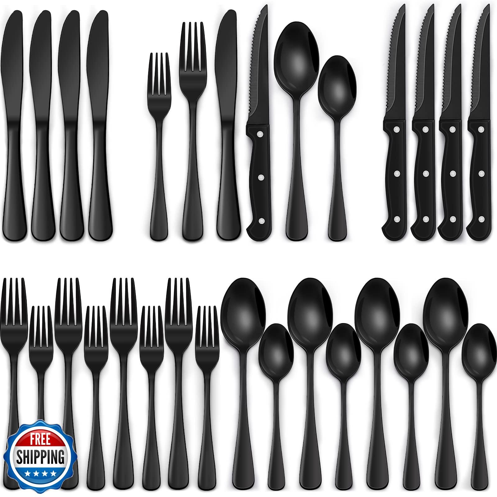 EWFEN 24-Piece Silverware Set with Steak Knives, Food-Grade Stain