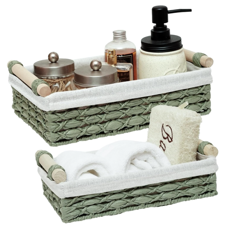 Green Wicker Storage Baskets with Handle for Toilet Tank Top, Set of 2
