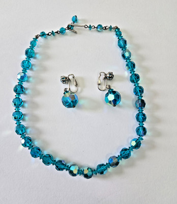 Vintage Aqua Beaded Demi-Parure. Necklace, Earrings. Faceted Glass Beads.