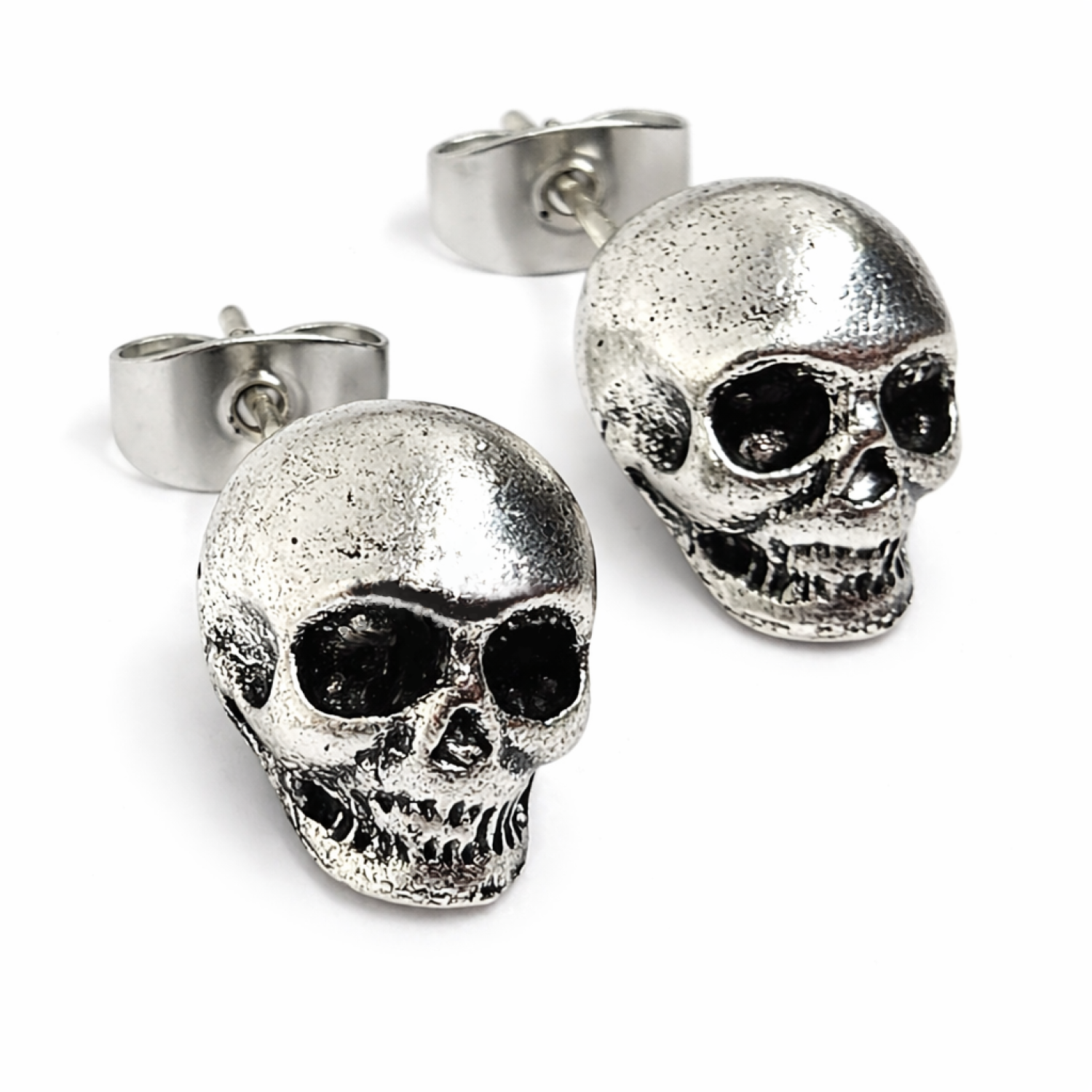 Gothic Skull Stud Earrings Pewter Skeleton Head Punk Alternative Unisex