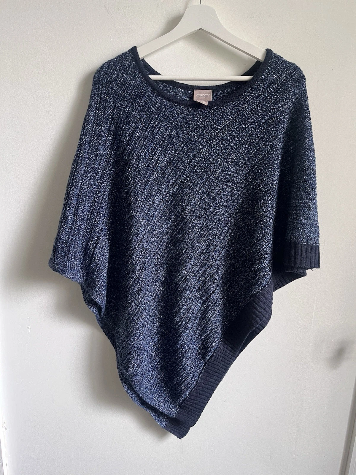 Chico's Size L/XL Goddess Blue Metallic Knit Triangle Poncho Sweater
Opens in a new window or tab