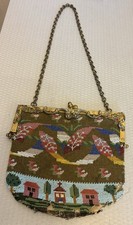 Antique Victorian Glass Seed Beaded Purse Charming 19C Scenic Primitive Folk Art