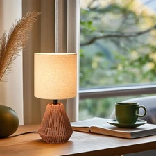 Boho Table Lamp with Linen Drum Shade, 14.17” Bedside Lamp with E26 Rattan Ba...