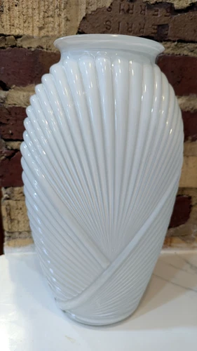 Anchor Hocking 1930s Vintage Art Deco White Ribbed Draped Glass Vase Large 13"
