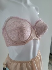 Vintage Pink Satin  Lace Pointy Bullet Bra 34 B Isis Strapless Pinup