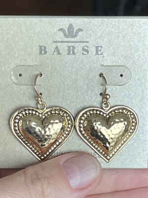 Barse Bronze Hammered Large Heart Dangle Earrings