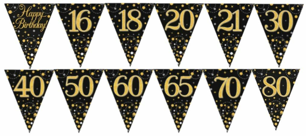 Party-Wimpelkette Schwarz-gold Holografisch – 11 Flaggen, 3,9 M, Für Geburtstag & Feiern