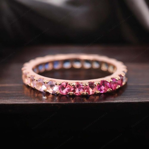 925 Sterling Silver 2mm Round Shape Natural Multi Gemstone Band Rose Gold Plated - Picture 5 of 8