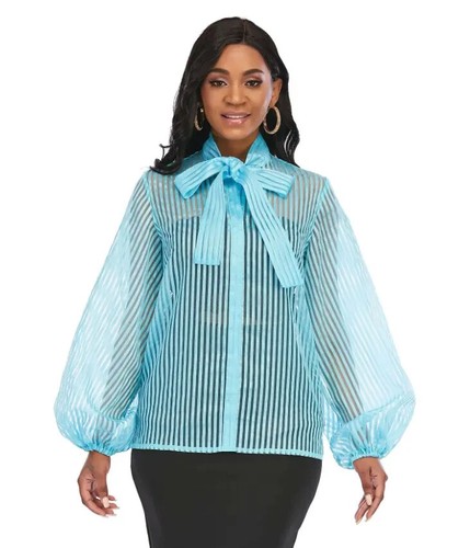 Pale blue striped pussybow tie neck blouse. 40"/42" bust. Size 14/16 UK New - Picture 3 of 6
