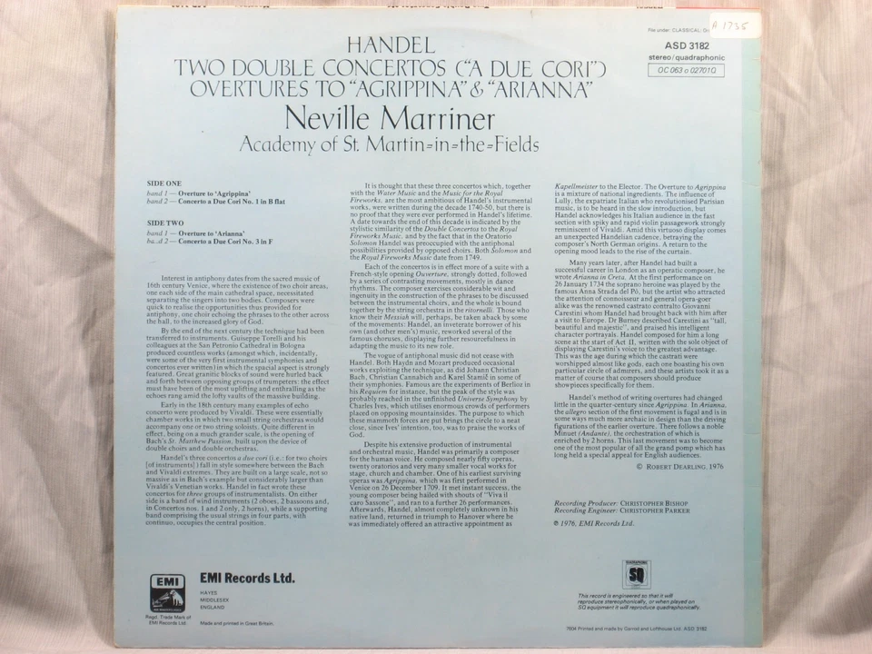 Handel - Two Double Concertos, etc. - St. Martin-in-the-Fields - HMV ASD 3182 - Image 2 of 4