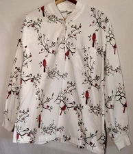 Vermont Country Store Pajama Top Shirt Women M White Flannel Birds Cardinal