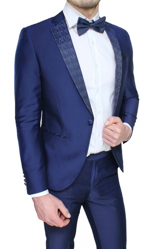 ABITO UOMO DIAMOND RASO BLU FLOREALE COMPLETO SMOKING DAMASCO ELEGANTE  CERIMONIA | eBay