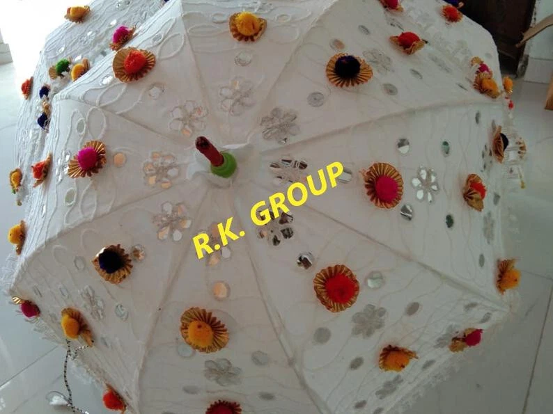 Paraguas de boda decorativo blanco indio de 5 piezas vintage de algodón para mujer Foto 3 de 4