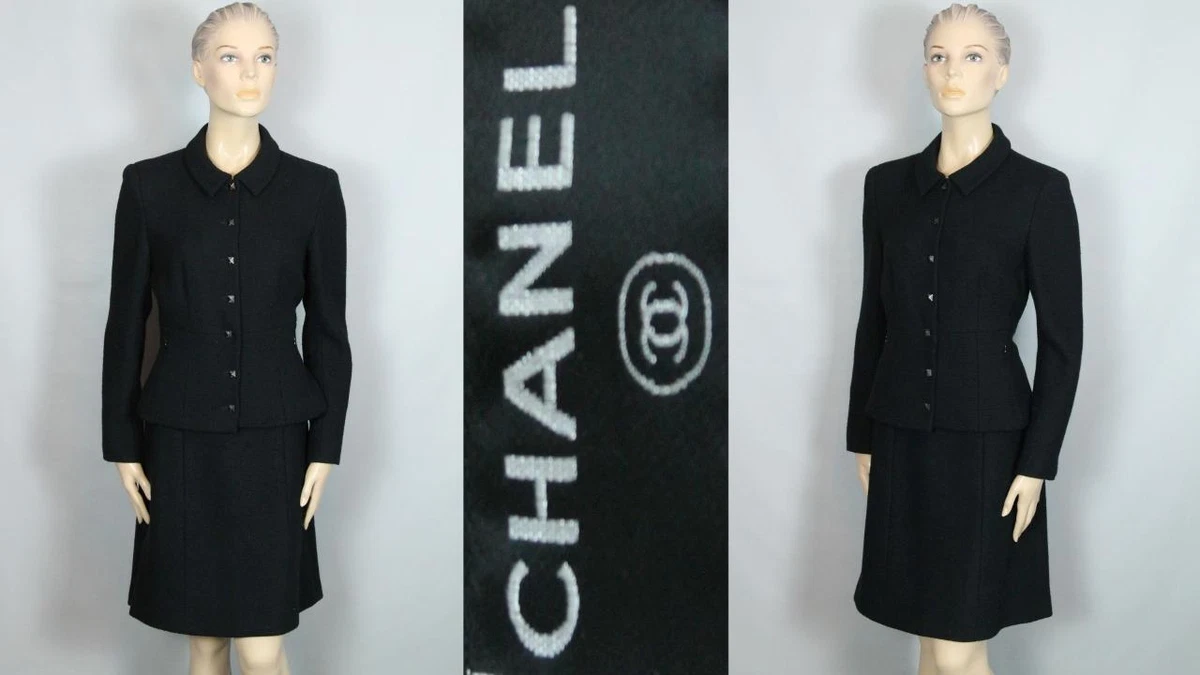 CHANEL Black Boucle Tweed 2Pc Suit CC Buttons BLAZER JACKET A-Line