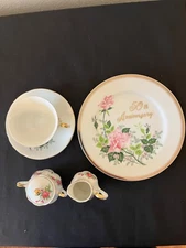 50th Anniversary Dessert Plate, Cup & Saucer,  Creamer Sugar Bowl w/Lid  Japan