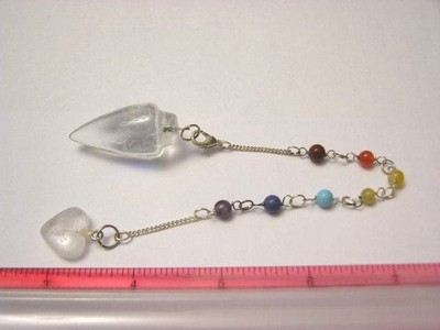 Pendulum natural crystal quartz with 7 Chakra stones & holding heart bead 9 inch