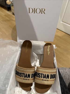 100% Auth Christian Dior Dway Chestnut Embroidered Logo Slide Flat Sandal 40 New