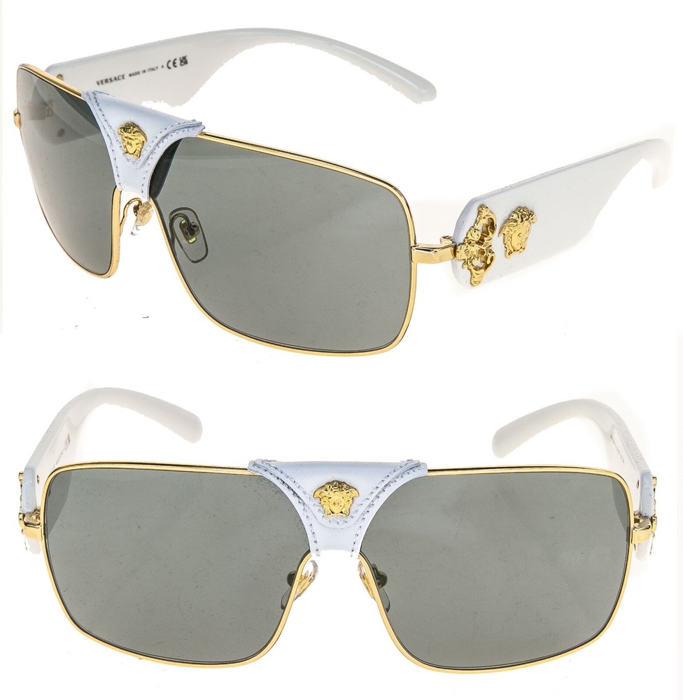 VERSACE Medusa Barocco 2207 White Gold Leather VE2207Q Sunglasses Authentic