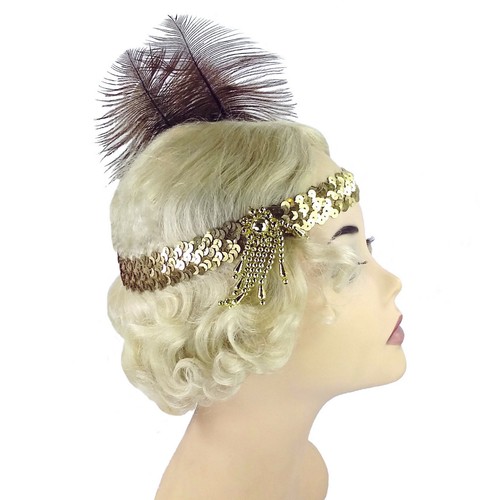 Koko Flapper Gold Headband with Black White Brown Feather 1920's Gatsby 20s - Picture 3 of 19