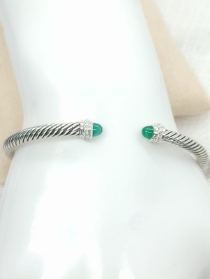 David Yurman 4mm Sterling Silver and Green Onyx & Diamonds Cable Bracelet large