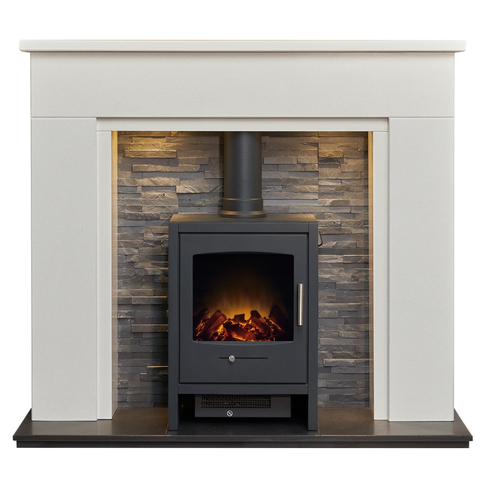 Acantha Rimini White Marble Fireplace with Downlights & Bergen Electric Stove...