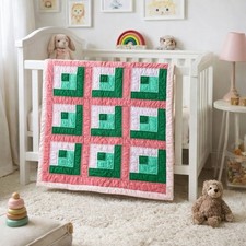 VTG 60s  80s Handmade Log Cabin Crib Quilt Pink Green Patchwork 39x31 Nursery EUC