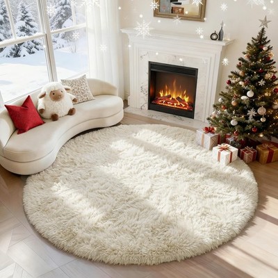 Cream White Round Rug 4Ft, Circle Rugs, Small Fluffy Shaggy Carpets and Rug f...