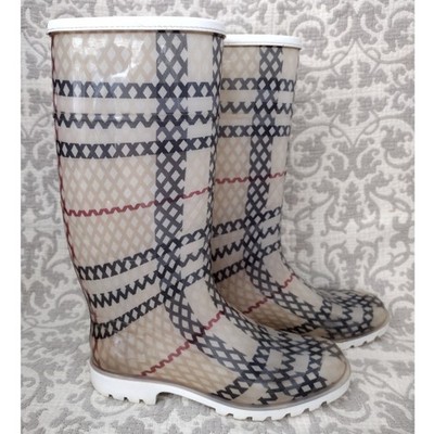 Burberry House Check Tall Rubber Rain Boots with White Leather Trim EU 39 US 9