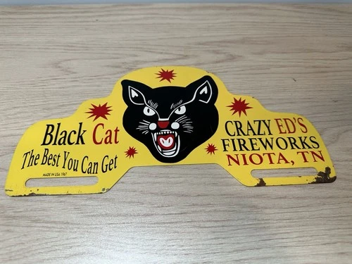 Vintage Black Cat Fireworks Painted Metal License Plate Topper Ad 1967