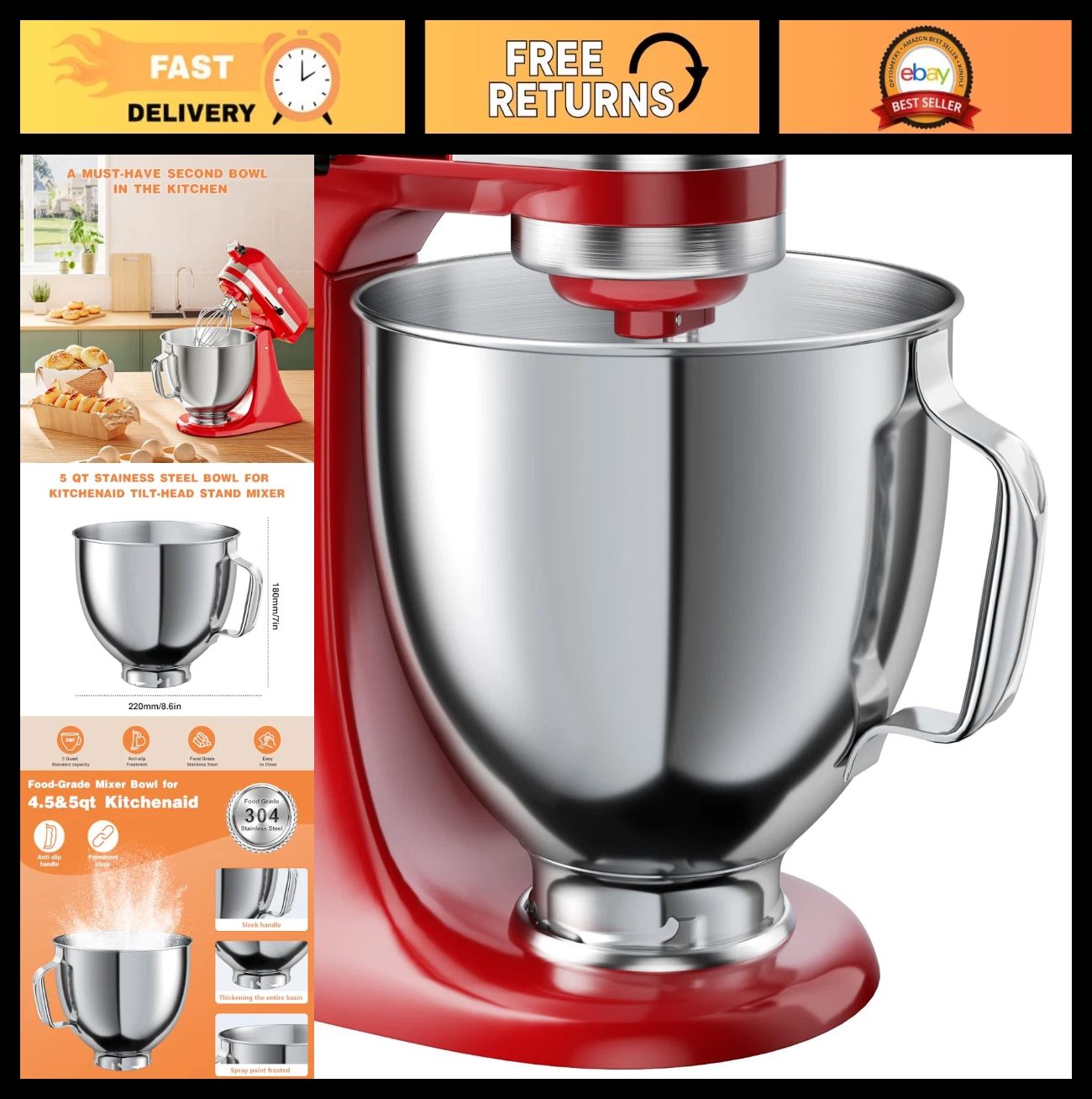 5 QT Food-Grade Stainless Steel Mixer Bowl for Tilt-Head Stand Mixers, Anti-Slip